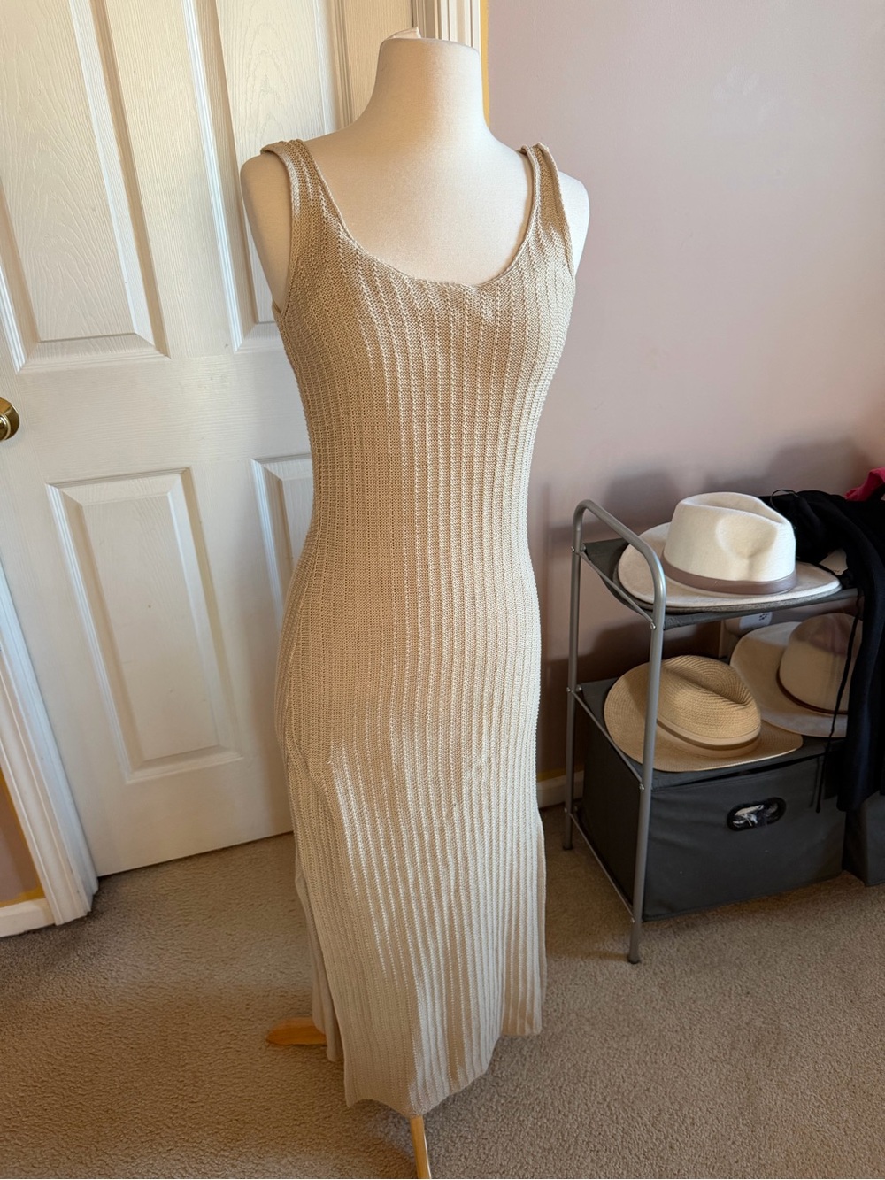 Sleeveless Ribbed Knit Maxi Dress in Beige - NWT